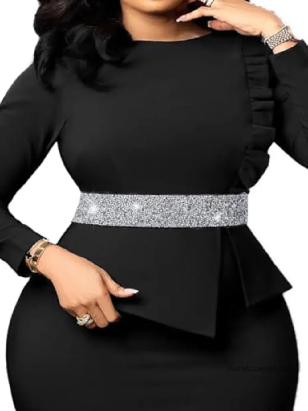 Rhinestone Stretch Waist Belt for Dress Formal PU Leather Silver